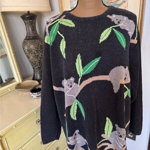 Quacker Factory Black Crewneck Sweater with Koala & Green Leaf Motif